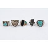 Five Navajo rings Southwest North America silver coloured metal, two mounted with turquoise, the