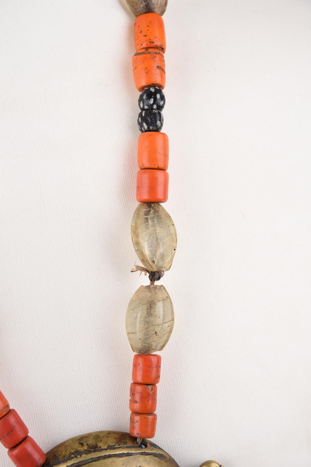 A Naga brass head pendant necklace Nagaland with seated figures to the sides and with strung glass - Image 4 of 8