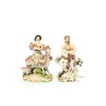 Two Derby figures, c.1765-75, one of the Tailor's Wife, seated on the back of a nanny goat and