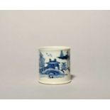 A William Reid (Liverpool) blue and white small mug or coffee can, c.1756-58, painted with a low hut