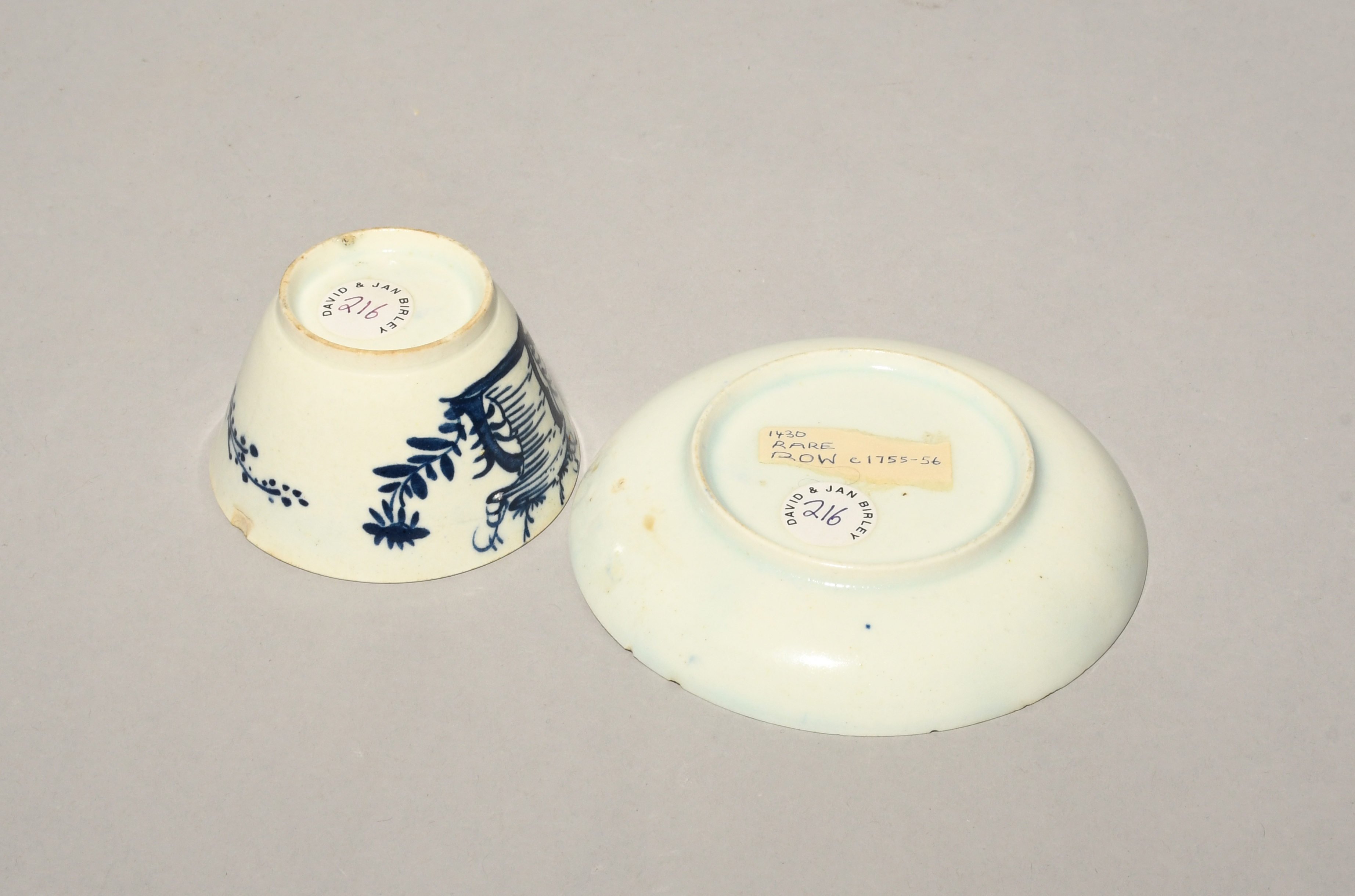 An early Bow blue and white teabowl and saucer, c.1754-55, the teabowl of flared form, both - Image 2 of 2