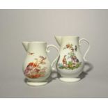 Two large Derby ale or cider jugs, c.1760, painted with exotic birds perched on and below leafy