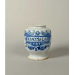 A London delftware drug or apothecary jar, c.1680, painted in blue with two peacocks and leafy