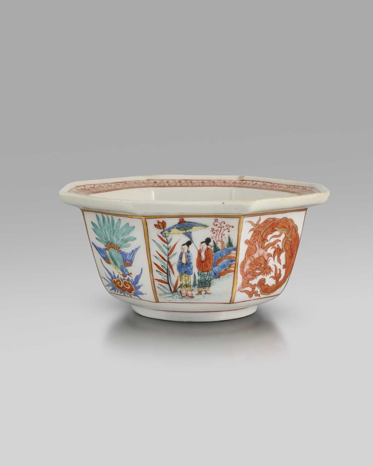 A rare and exceptional Chelsea octagonal bowl, c.1749-52, finely decorated in the Kakiemon palette