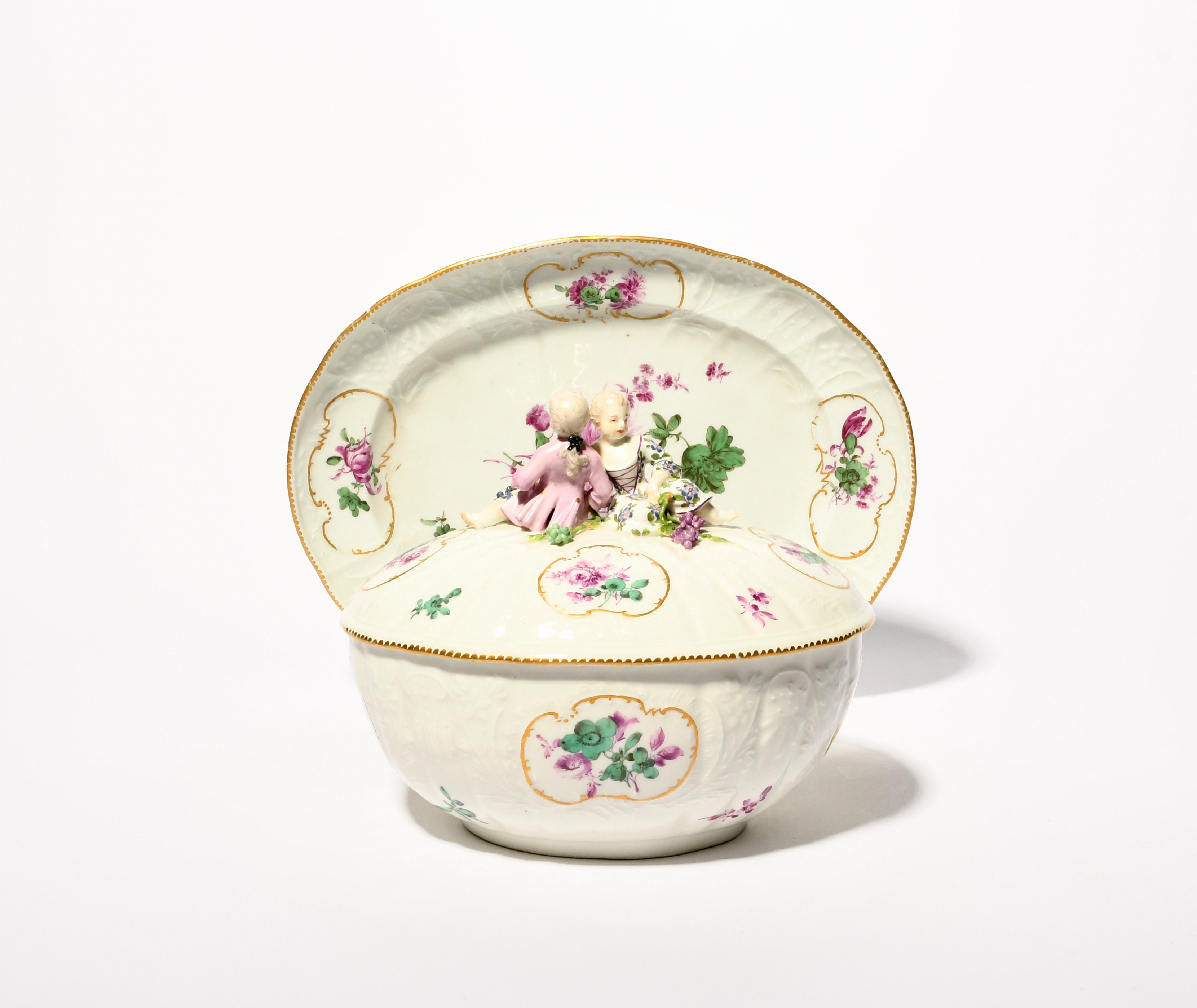 A Meissen oval tureen with cover and stand, mid 18th century, moulded with rococo floral panels, - Image 3 of 3