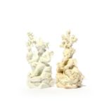 Two Derby biscuit porcelain figures of putti hunting, c.1780, each seated on a rocky stump beneath a