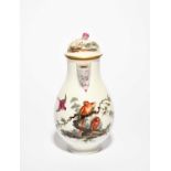 A Höchst coffee pot and cover, c.1775, painted with a parrot perched on a branch above another, with