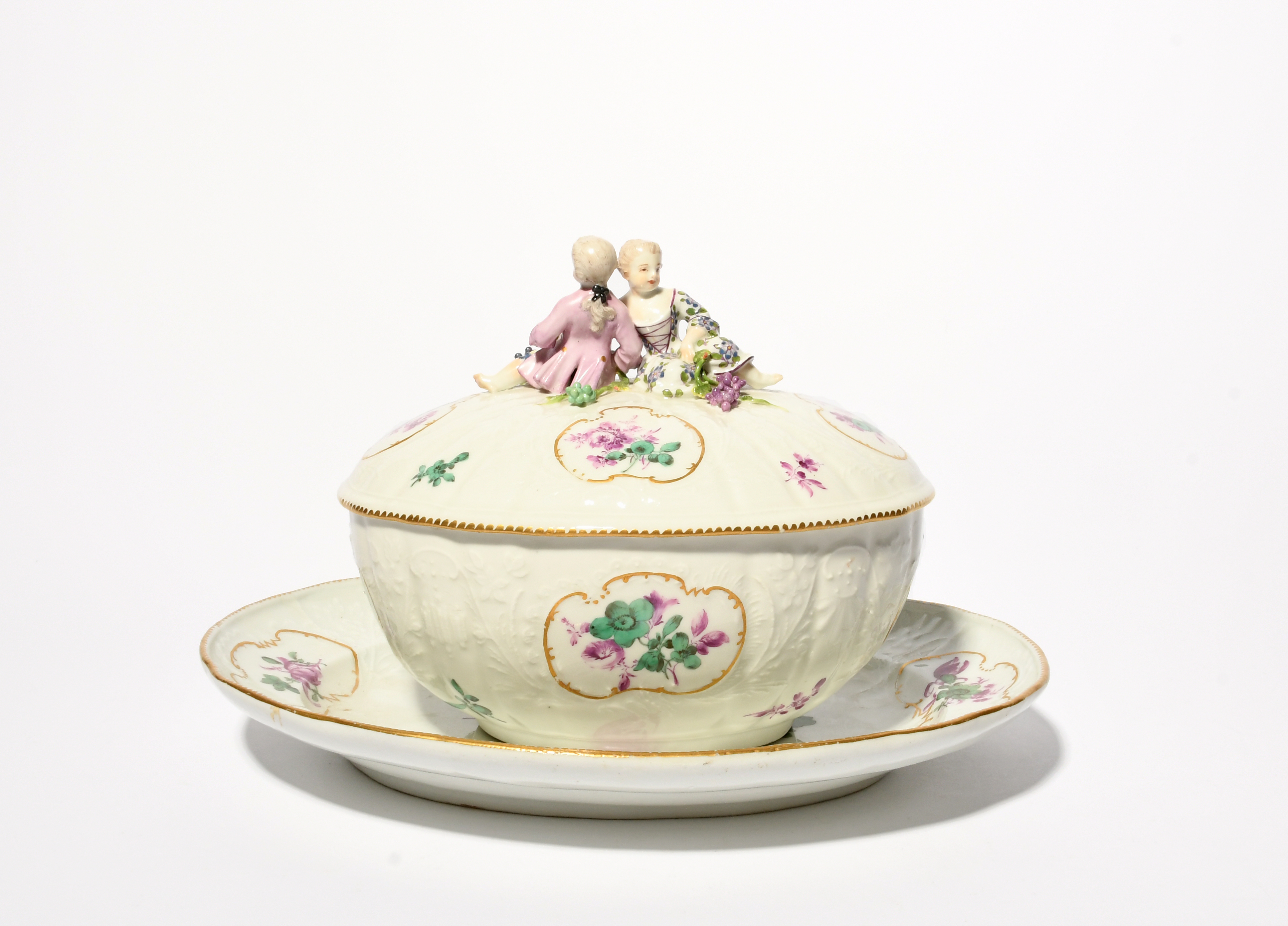 A Meissen oval tureen with cover and stand, mid 18th century, moulded with rococo floral panels, - Image 2 of 3