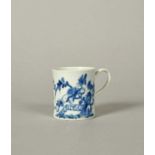 A Worcester blue and white coffee can or small mug, c.1754, painted with the Rock Warbler pattern,