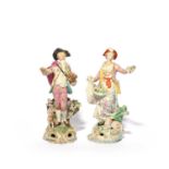 A near pair of Derby figures of a garland shepherd and shepherdess, c.1760-65, he carrying a