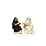 A matched pair of Bow figures of an Abbess and a Novice nun, c.1755-58, each seated and reading from