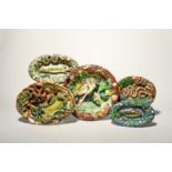 Five Continental majolica Palissy-style trompe l'oeil dishes, 2nd half 19th century, the largest
