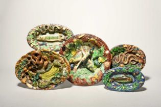 Five Continental majolica Palissy-style trompe l'oeil dishes, 2nd half 19th century, the largest