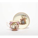 A Meissen coffee cup and saucer, c.1745, the cup painted with quatrefoil panels of peasants,