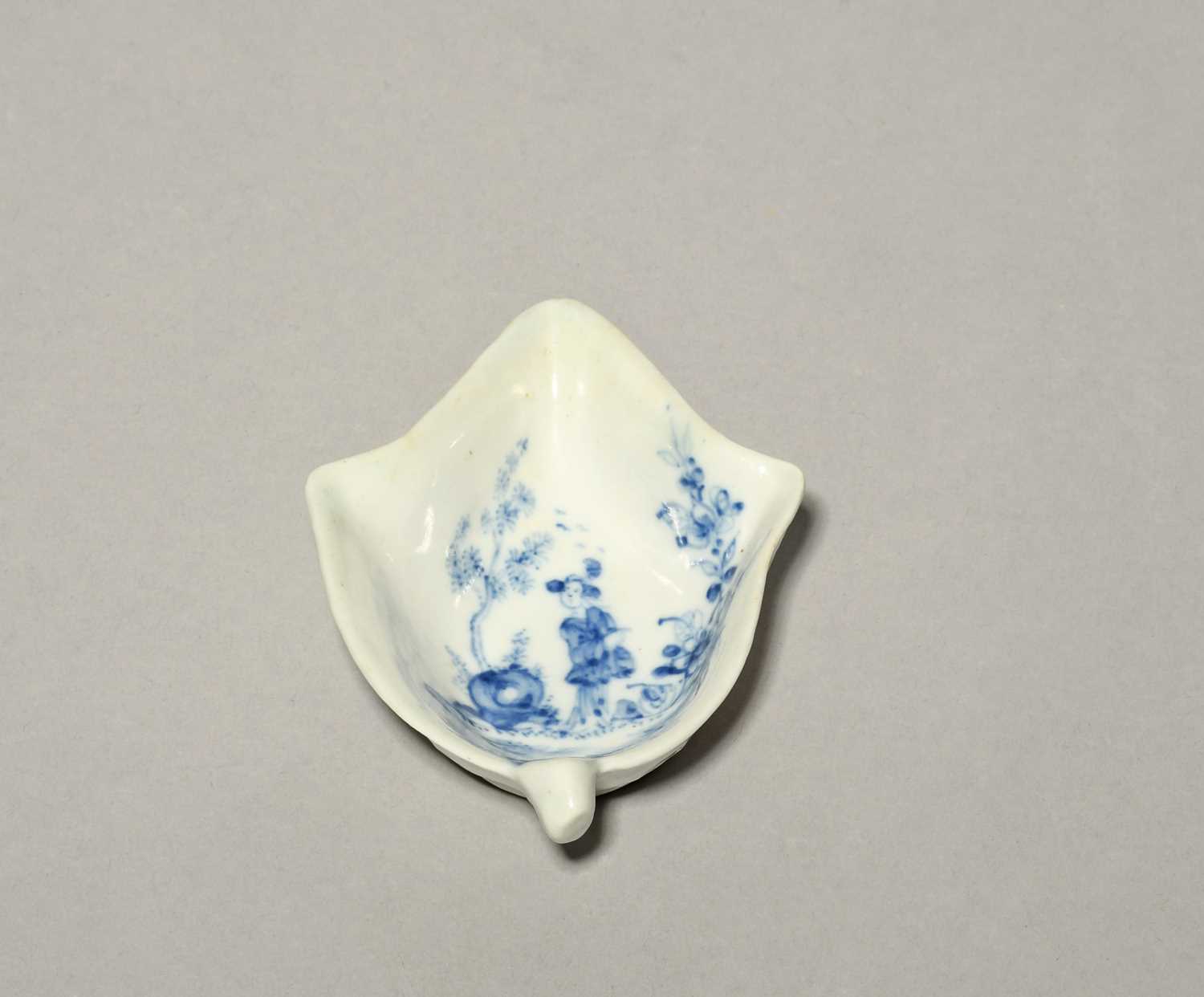 A Lund's Bristol blue and white pickle dish, c.1750, of deep leaf shape, painted with a Long Eliza