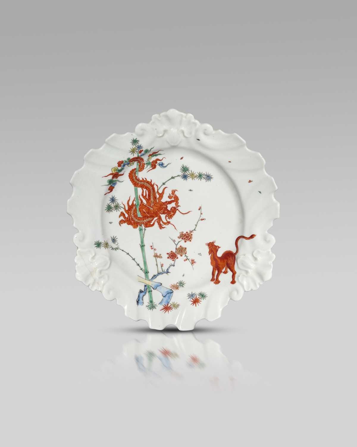 A rare Chelsea plate, c.1752, of rococo three-sided form after a silver design by Nicholas Sprimont,