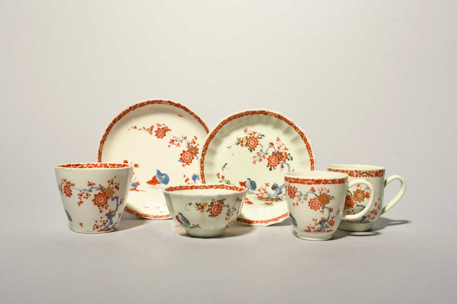 A small group of English porcelain teawares, c.1755-65, including a Bow coffee cup and saucer, a