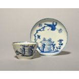 An early Bow blue and white teabowl and saucer, c.1754-55, the teabowl of flared form, both