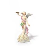 A Derby figure of Fame, c.1760, the winged figure blowing a long trumpet and wearing a flowered