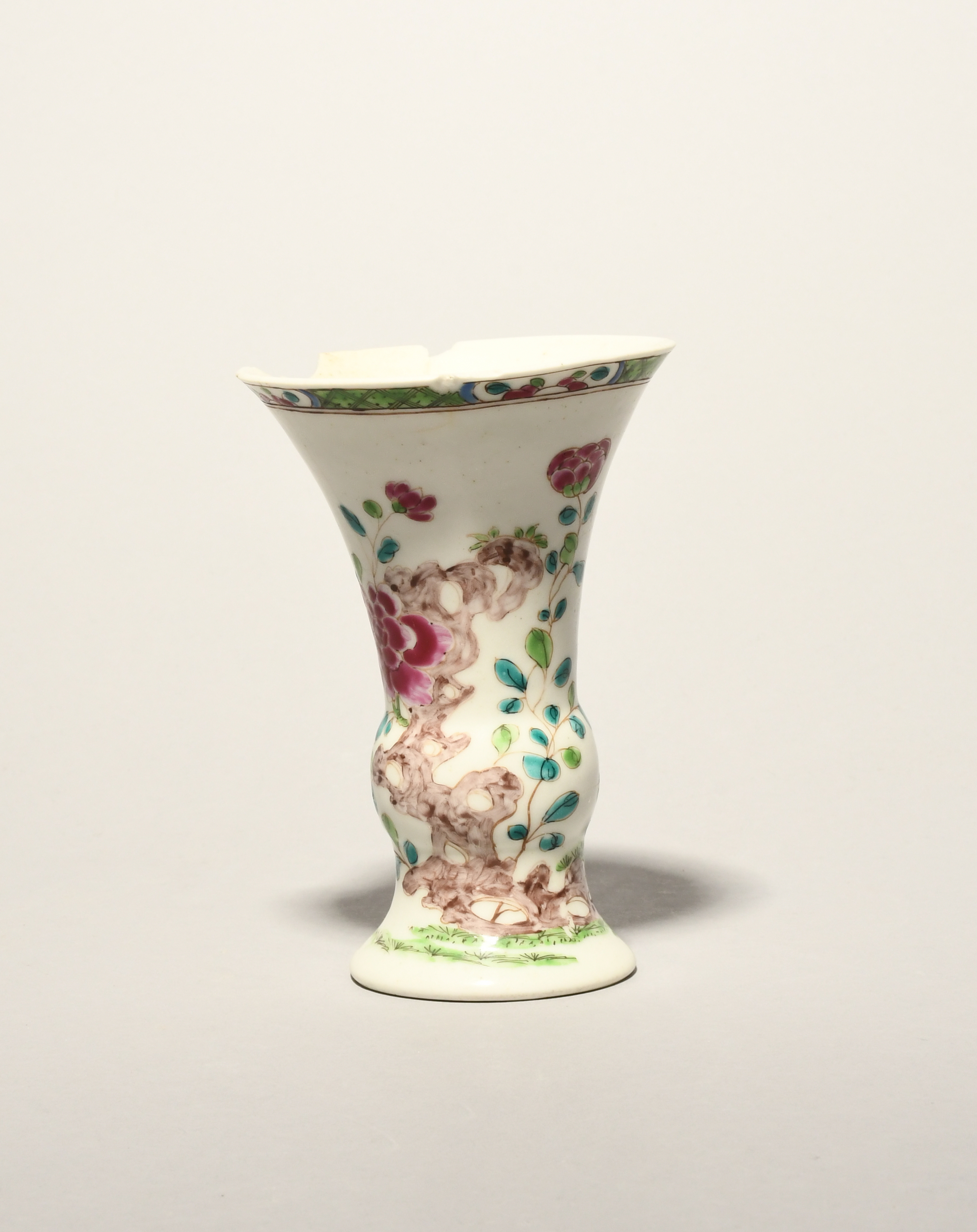 A rare and early Bow vase, c.1750-53, of gu beaker form, the flared knopped form brightly - Image 2 of 4