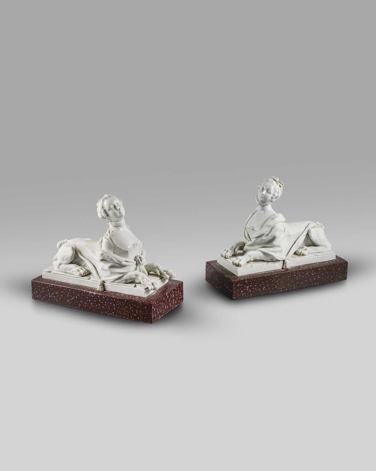 A good pair of French bisque porcelain figures of Madame de Pompadour as a sphinx late 18th century,