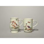 Two Derby bird mugs, c.1758-65, one painted with small birds around a long-legged strutting bird,