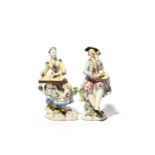 A pair of Bow figures of musicians, c.1755-58, each seated on a rocky stump, he playing a fife and