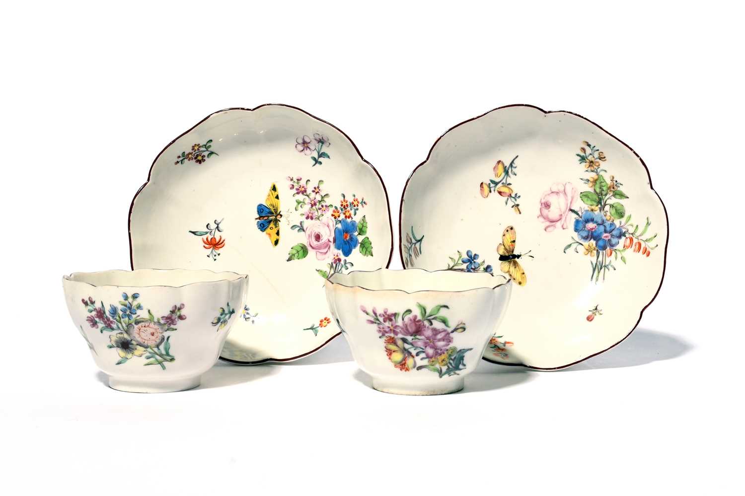 A pair of Chelsea teabowls and saucers, c.1754, of lobed hexafoil form, painted with sprays and - Image 3 of 3