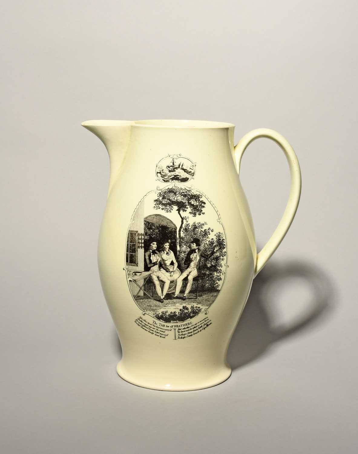 A large creamware jug, c.1795-1800, printed to one side with a sailor and two companions seated in a