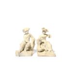 A pair of early Bow biscuit porcelain figures of a huntsman and his companion, c.1752-53, he