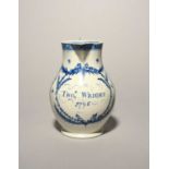 A documentary Lowestoft blue and white cider or ale jug, dated 1796, painted with a leafy