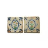 Two early delftware tiles, mid 17th century, probably Rotherhithe, each painted in blue, green and