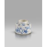 A rare and early Lowestoft blue and white inkwell, c.1760, the cylindrical form with slightly