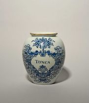 A Delft apothecary or tobacco jar, 2nd half 18th century, the ovoid form painted in blue with an