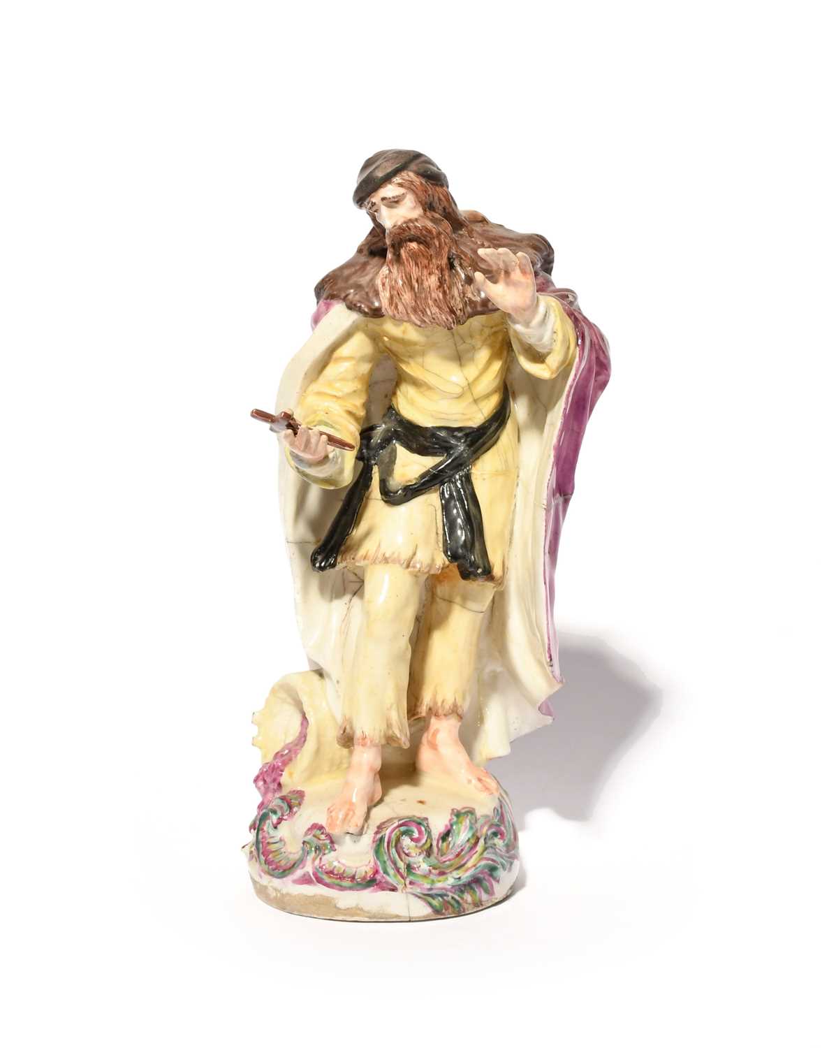 A rare Derby 'dry edge' figure of St Philip, c.1753, probably modelled by Agostino Carlini, standing