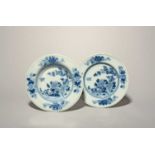 A Dublin delftware plate and a soup plate, c.1750, each painted in blue with two birds above