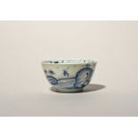 An early and rare Worcester blue and white teabowl, c.1752-54, painted in a pale blue with the