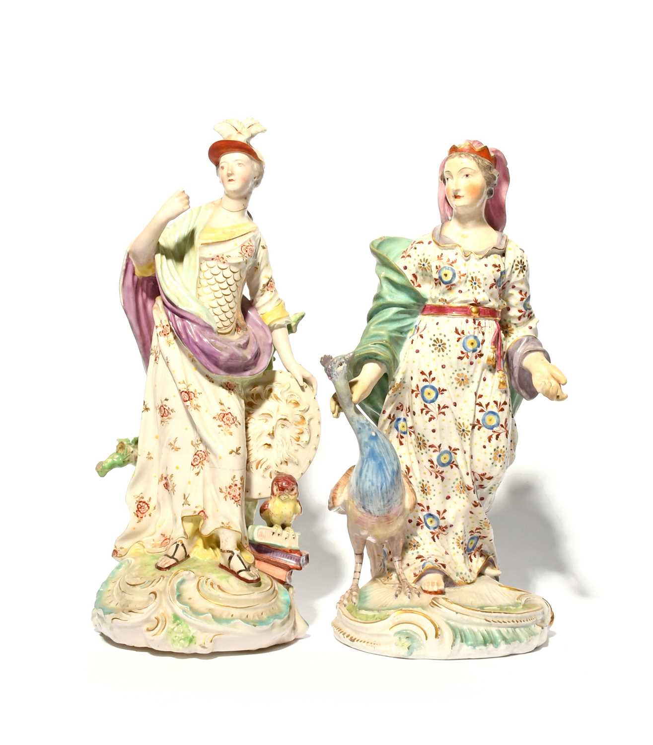 Two large Derby figures of Classical goddesses, c.1760-65, one of Minerva standing beside a shield
