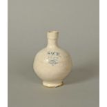 A London delftware Sack bottle, dated 1650, the squat globular body inscribed 'SACK 1650' in blue
