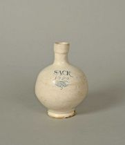 A London delftware Sack bottle, dated 1650, the squat globular body inscribed 'SACK 1650' in blue