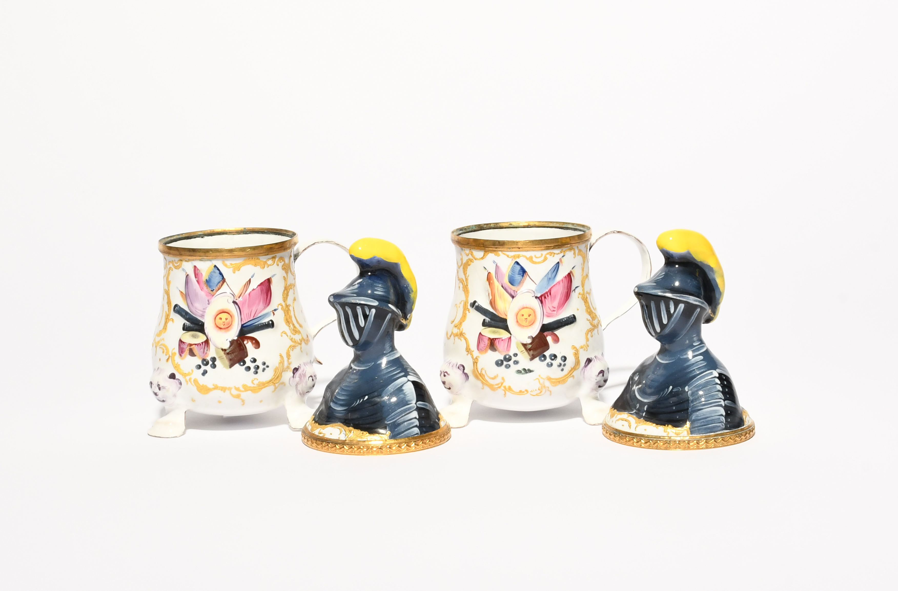 A pair of Bilston enamel mustard pots and covers, c.1780, each modelled as a knight in armour with a - Image 2 of 2