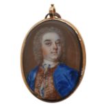 λ λNathaniel Hone RA (Irish 1718-1784)Portrait miniature of a gentleman wearing a blue coat and