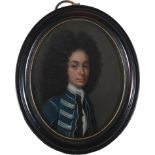 Continental School c.1700Portrait miniature of a gentleman wearing a blue coat with silver