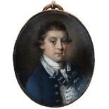 λ λCircle of Thomas RedmondPortrait miniature of a young man wearing a blue coat and white