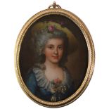 French School c.1800Portrait miniature of a lady wearing a blue dress and broad brimmed hat