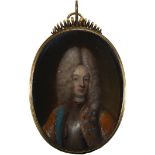 French School c.1680Portrait miniature of a nobleman wearing a brown coat over armoured