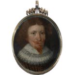 English School c.1600Portrait miniature of a gentleman wearing a lace collar and gilt embroidered