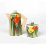 'Delecia Citrus' a Clarice Cliff Bizarre Conical coffee pot and cover, painted in colours, and a