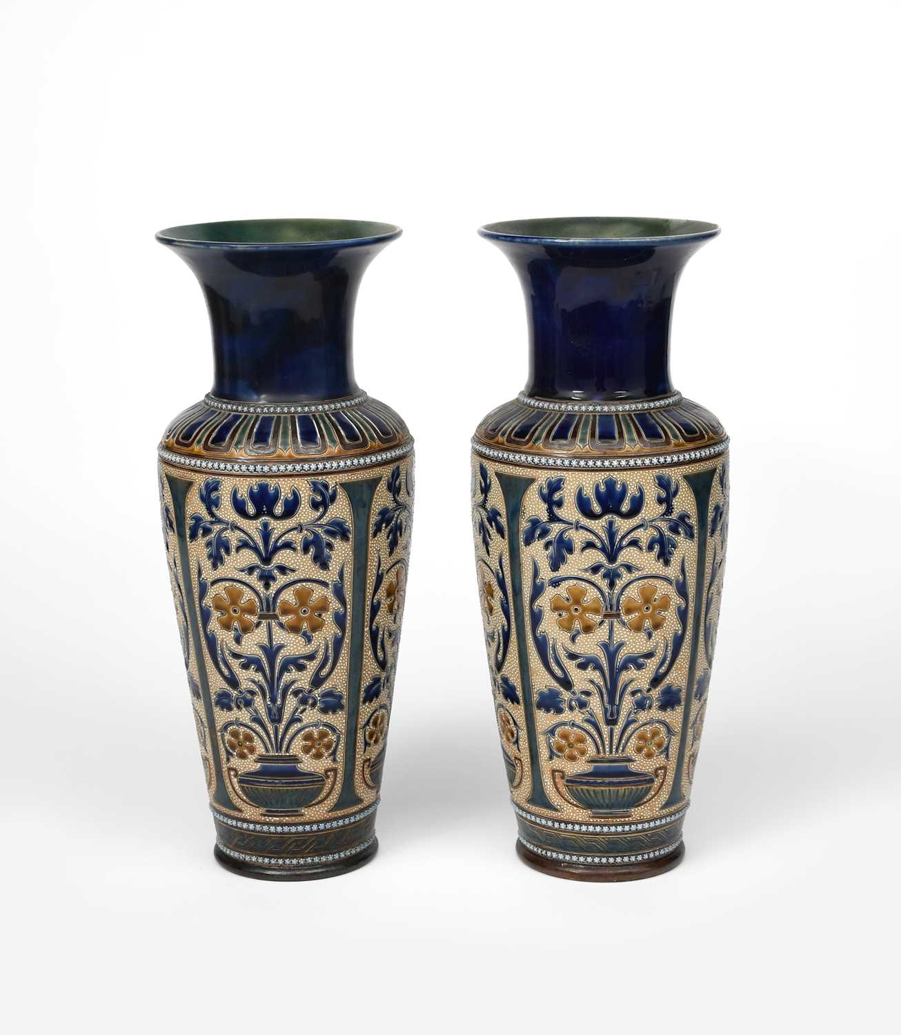 A pair of Doulton Lambeth stoneware vases by George Hugo Tabor, dated 1883, shouldered form, incised