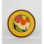 'Applique Palermo' a Clarice Cliff Bizarre octagonal side plate, painted in colours inside yellow,